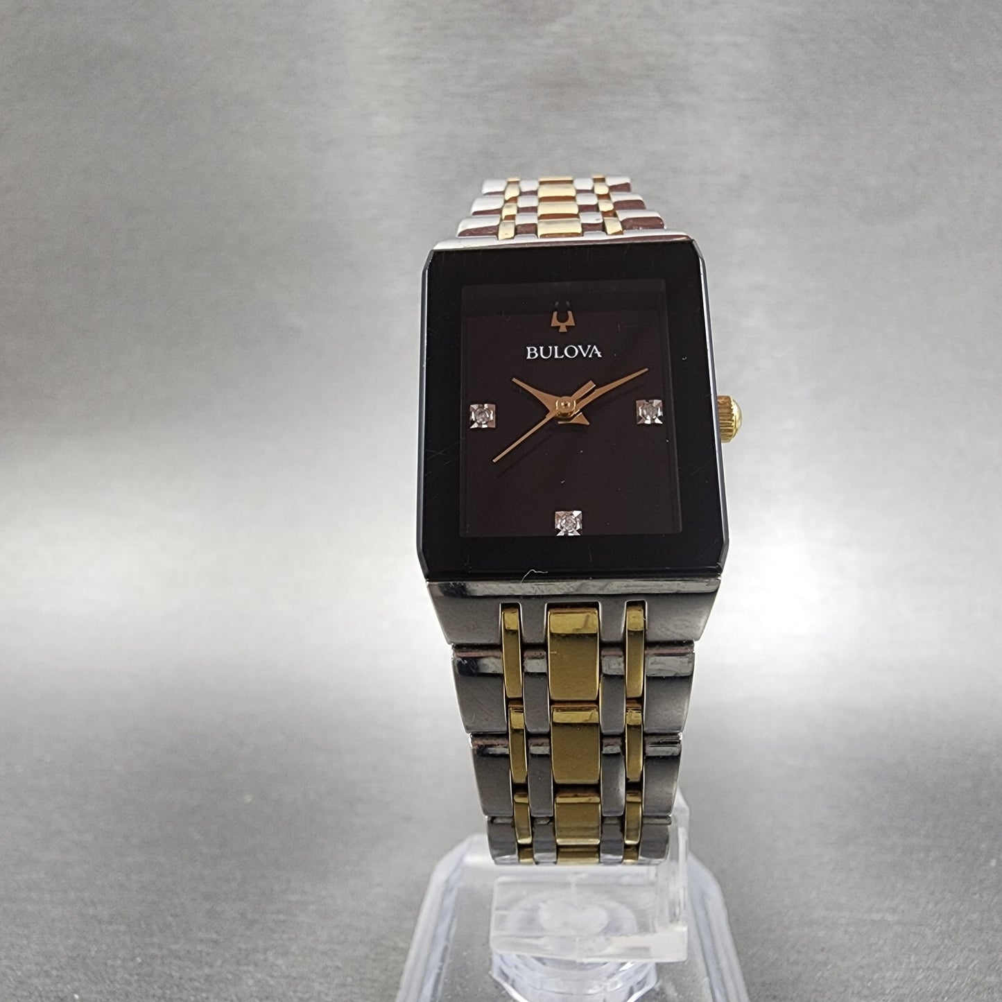 Bulova Quadra Tank Watch Women 21mm Black Dial Two Tone Date Rectangle Diamonds5