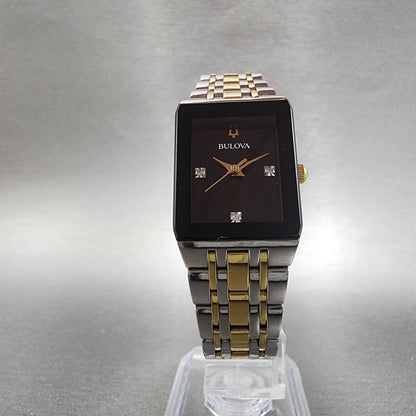 Bulova Quadra Tank Watch Women 21mm Black Dial Two Tone Date Rectangle Diamonds5