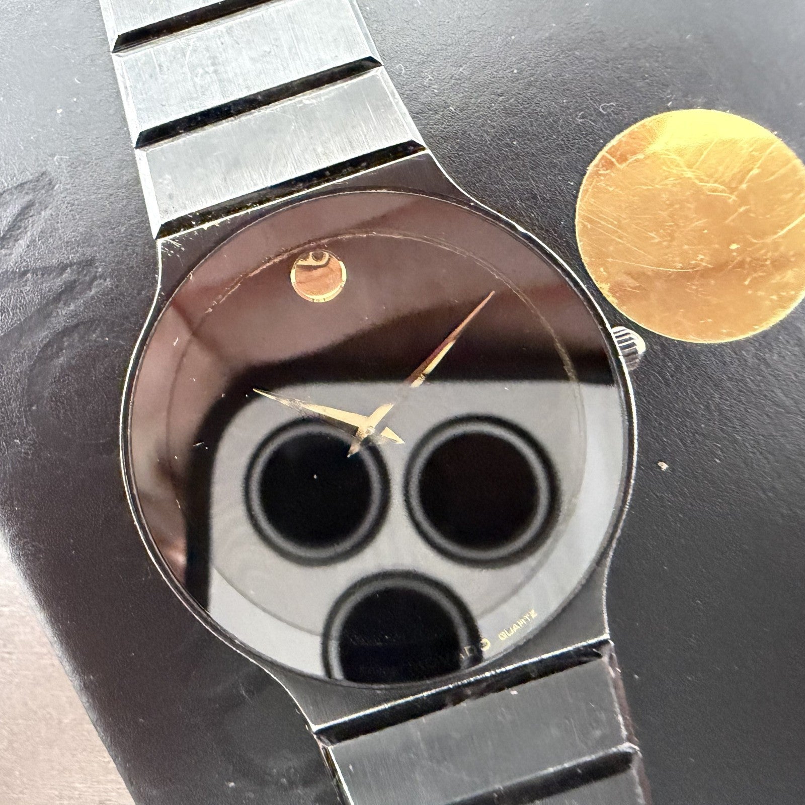 Movado Museum Watch Men 32mm Black Dial Black Tone Round 8440880 New Battery1
