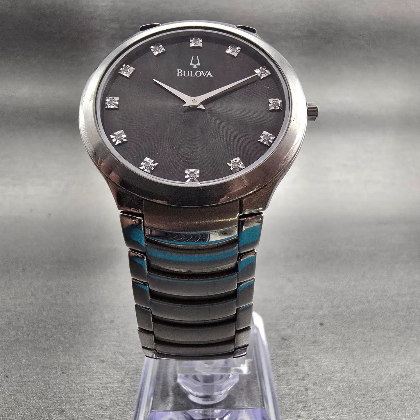 Bulova Watch Men 36mm Black Dial Silver Tone Gemmed Round 96D10 New Battery5