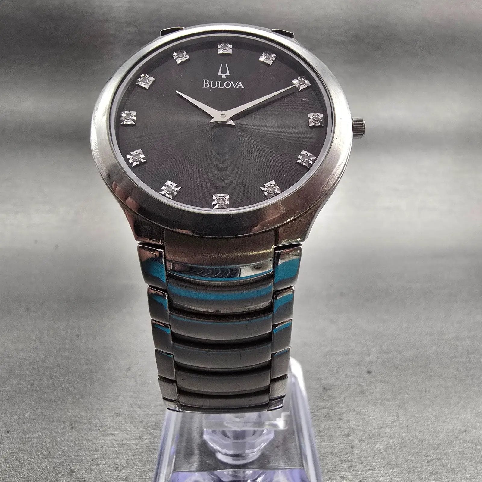 Bulova Watch Men 36mm Black Dial Silver Tone Gemmed Round 96D10 New Battery5