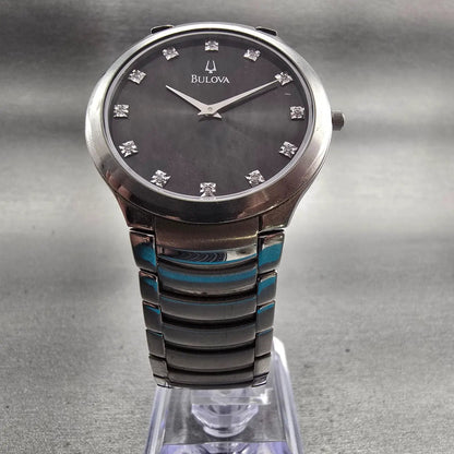 Bulova Watch Men 36mm Black Dial Silver Tone Gemmed Round 96D10 New Battery5