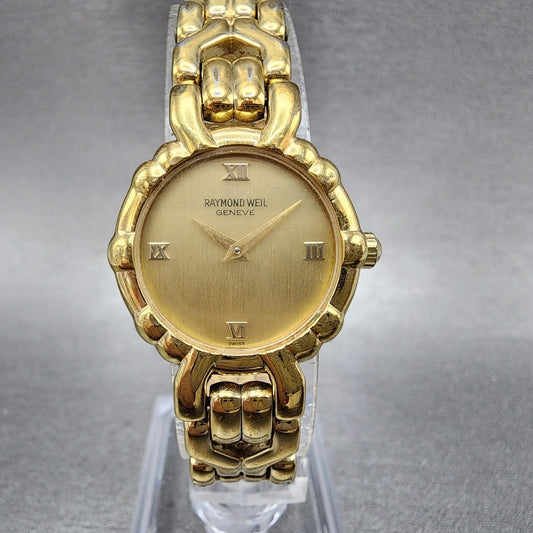 Raymond Weil Watch Women 24mm Gold Dial Gold Plated Round 3747 New Battery