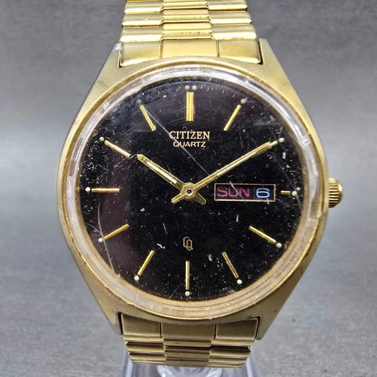 Citizen CQ Watch Men 35mm Black Dial Gold Tone Daydate READ!! 6100-S24876 NewBat0