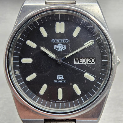 Seiko SQ Watch Men 36mm Black Dial Silver Tone Daydate Round 8223-7150 New Batt1