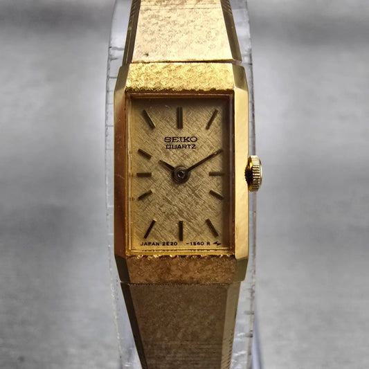 Seiko Watch Women 12mm Gold Dial Gold Tone Rectangle 2E20-6259 New Battery VTG0
