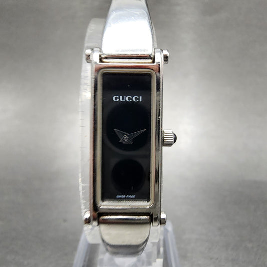 Gucci 1500L Tank Watch Women 12mm Black Dial Steel Rectangle Bangle New battery0