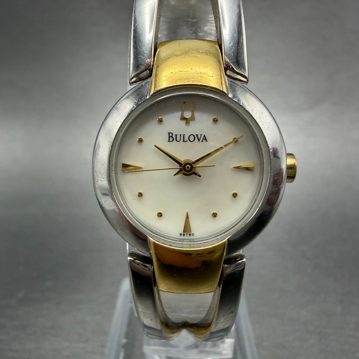 Bulova Watch Women 22mm MOP Dial Two Tone Round 98T80 Bangle New Battery JKLASD0