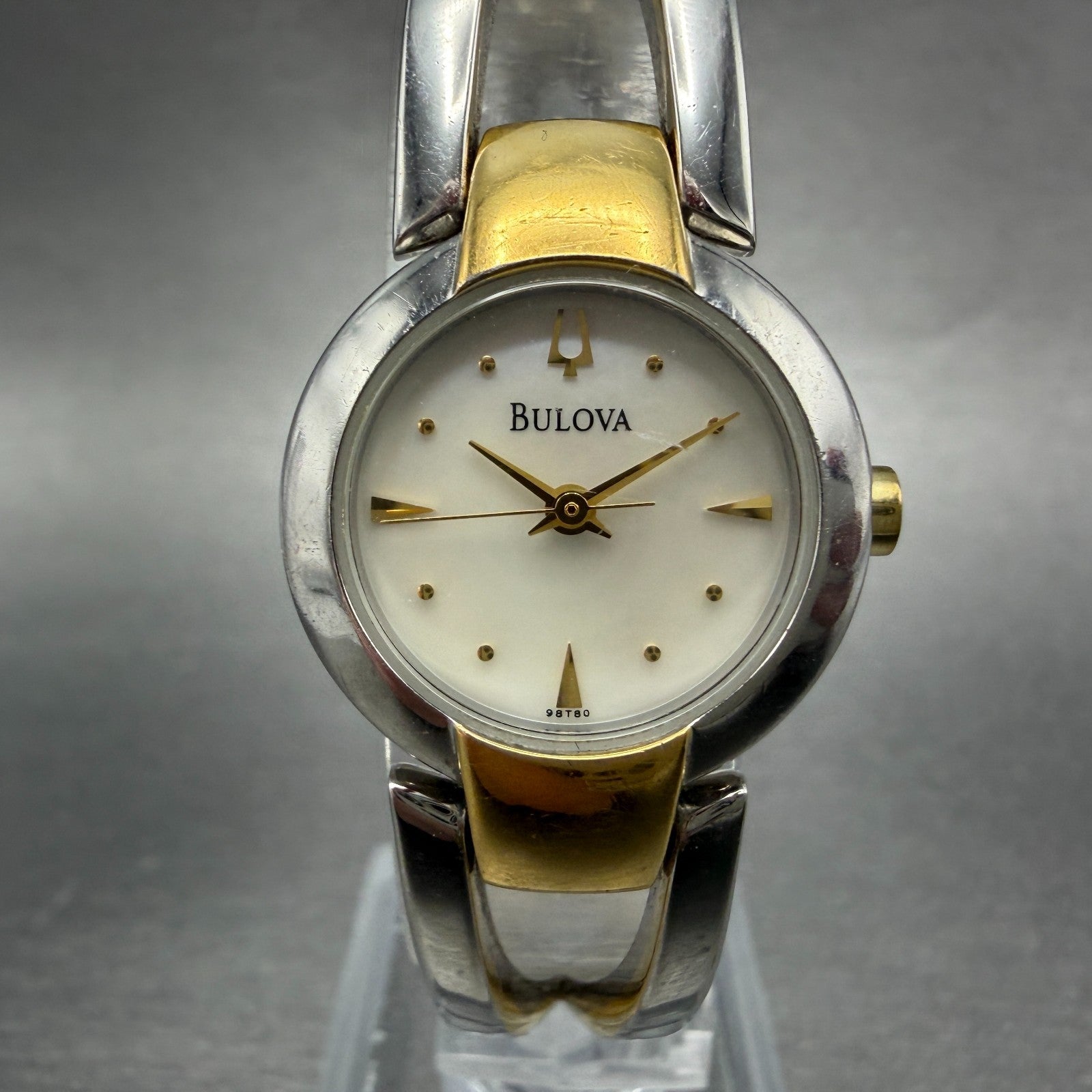 Bulova Watch Women 22mm MOP Dial Two Tone Round 98T80 Bangle New Battery JKLASD0