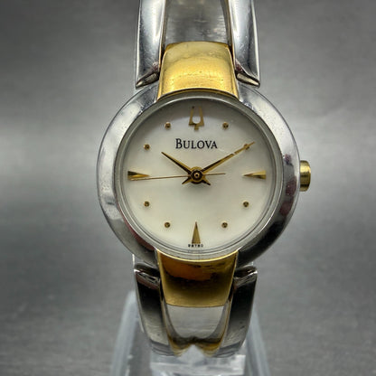 Bulova Watch Women 22mm MOP Dial Two Tone Round 98T80 Bangle New Battery JKLASD0