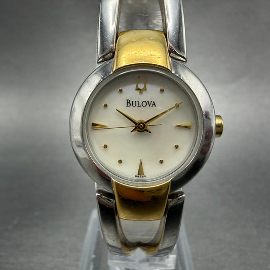 Bulova Watch Women 22mm MOP Dial Two Tone Round 98T80 Bangle New Battery JKLASD0
