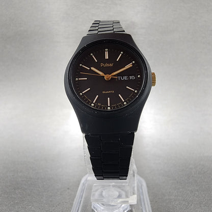 Pulsar Watch Women 25mm Black Dial Black Tone Daydate Round Y6430330 New Batt5