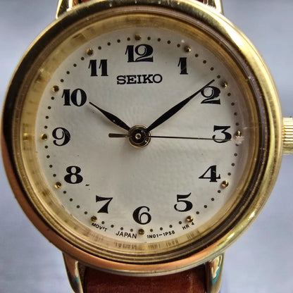 Seiko Watch Women 22mm Ivory Dial Gold Tone Round 1N01-0K40 New Battery Vintage1