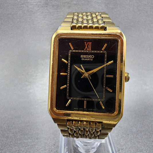 Seiko Tank Watch Men 26mm Black Dial Gold Tone Rectangle V701-5j09 New Battery