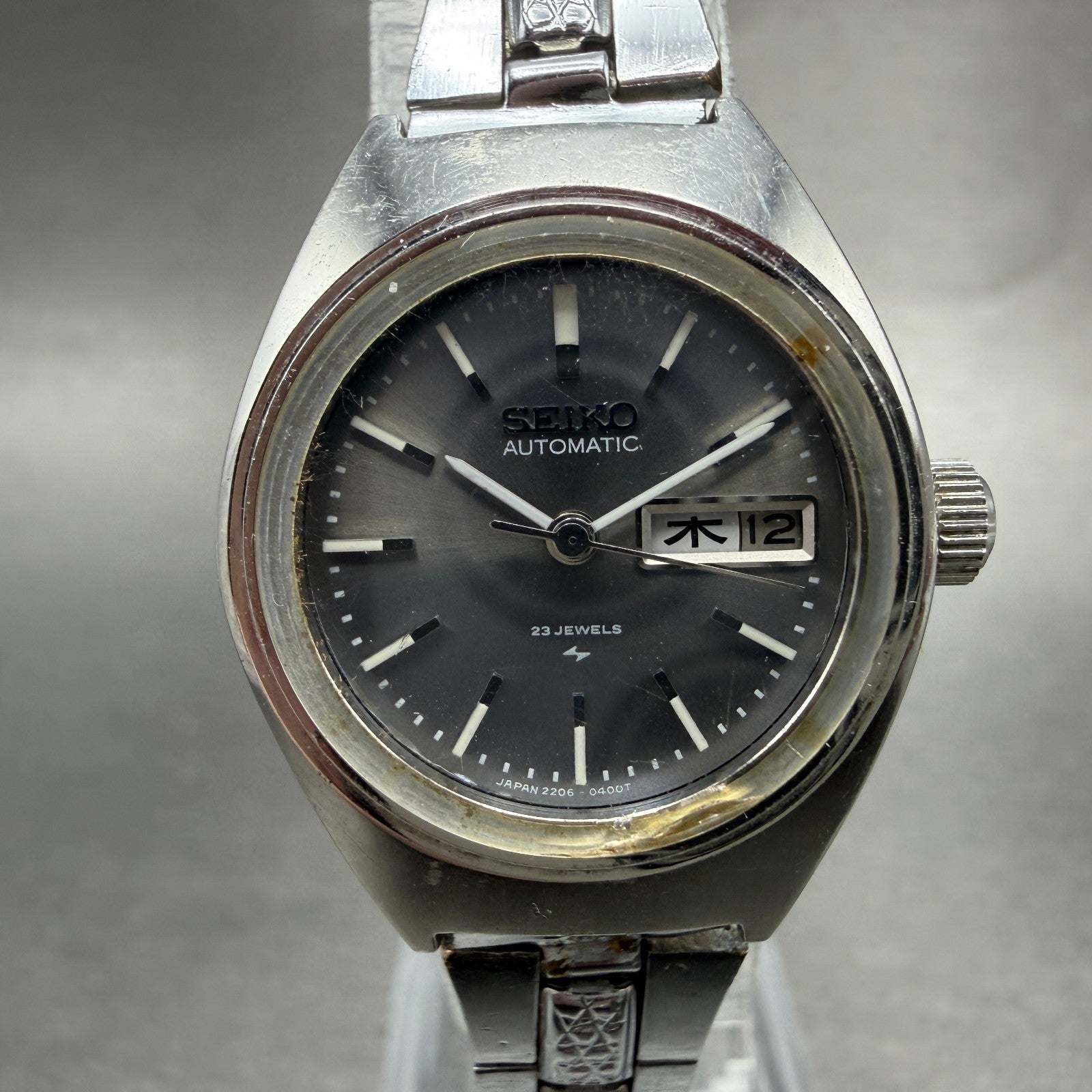 Seiko Automatic Watch Women 25mm Gray Dial Silver Tone Daydate 2206-0230 PARTS0
