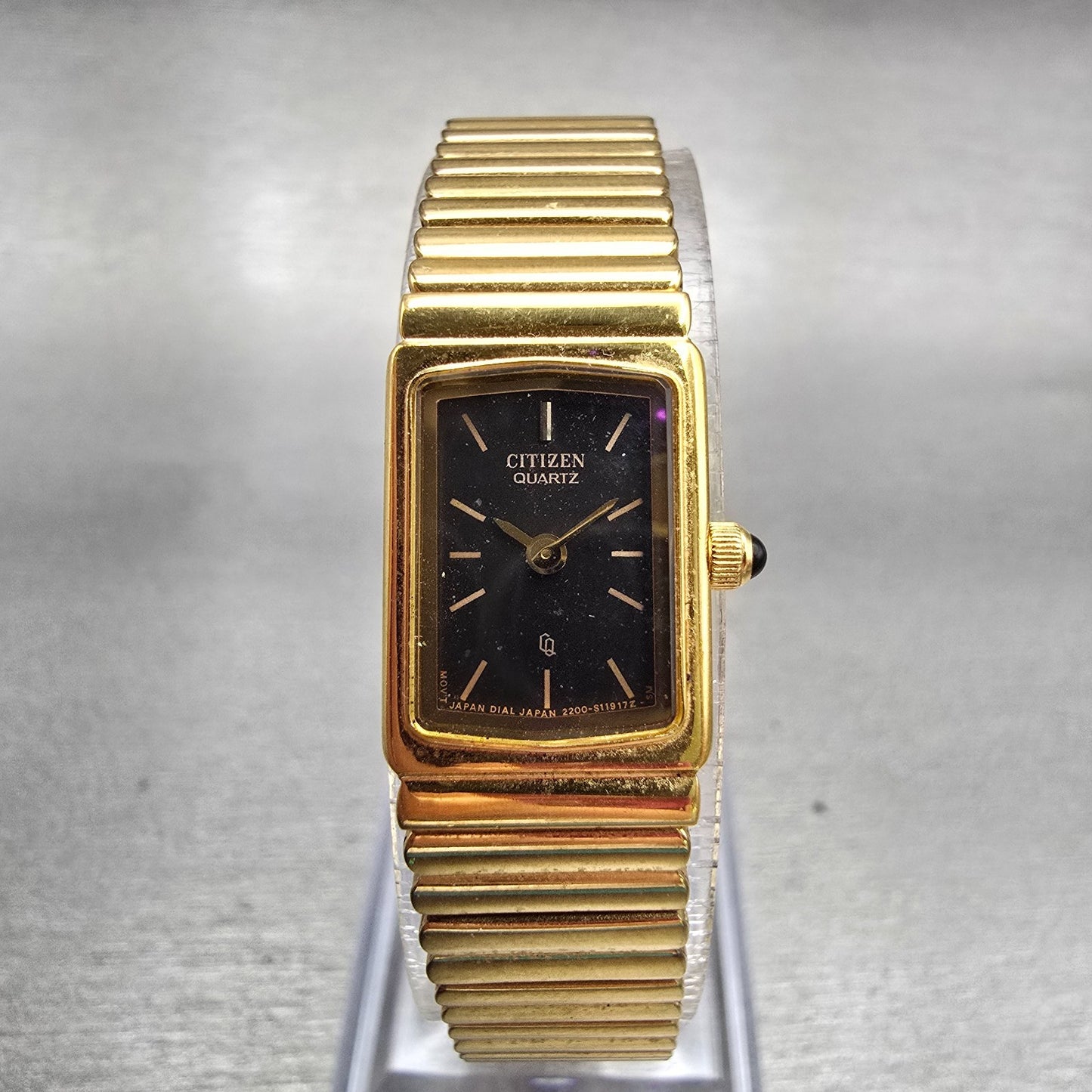 Citizen CQ Watch Women 13mm Black Dial Gold Tone Rectangle 2200-S11917 New Batt0