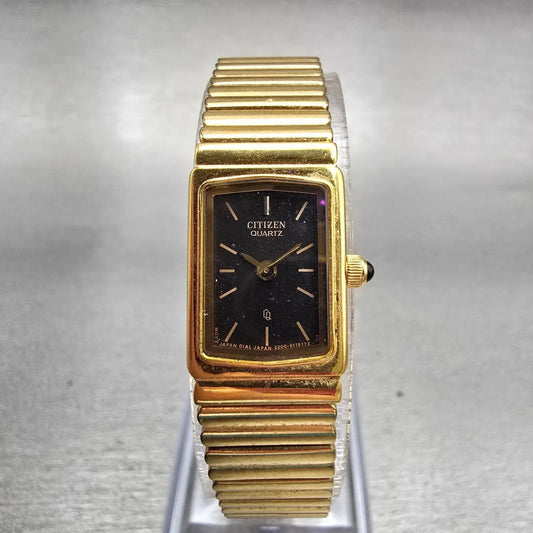 Citizen CQ Watch Women 13mm Black Dial Gold Tone Rectangle 2200-S11917 New Batt0
