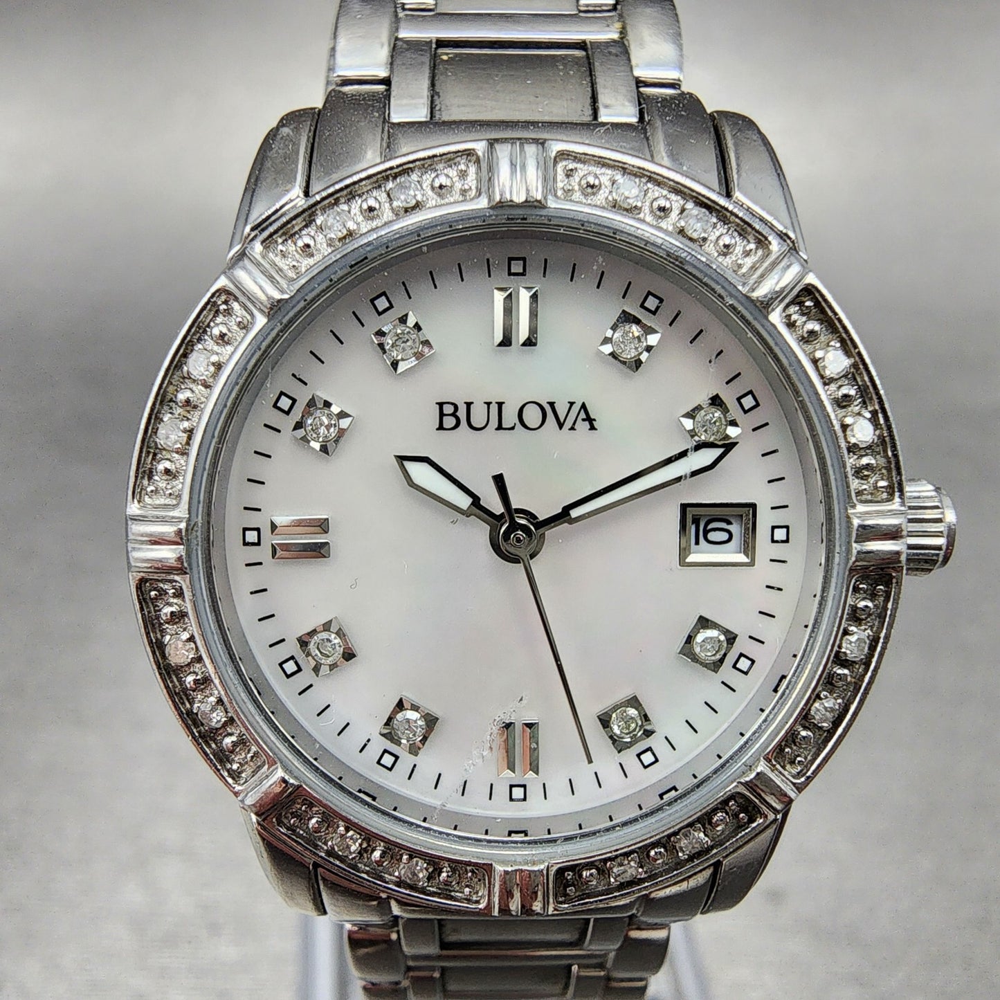Bulova Watch Women 26mm MOP Dial Steel Diamond Bezel Date Round 96R105 NewBat1