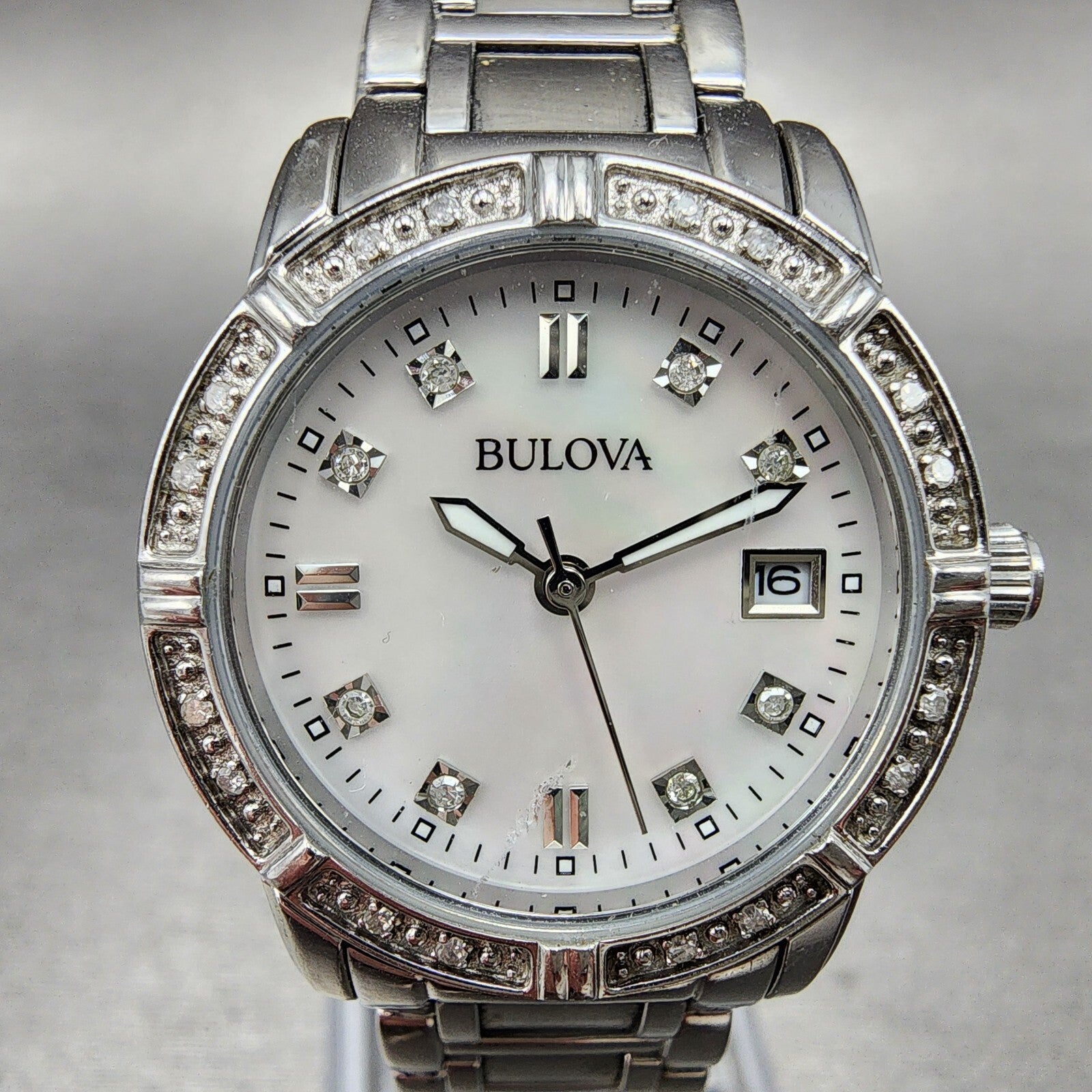 Bulova Watch Women 26mm MOP Dial Steel Diamond Bezel Date Round 96R105 NewBat1