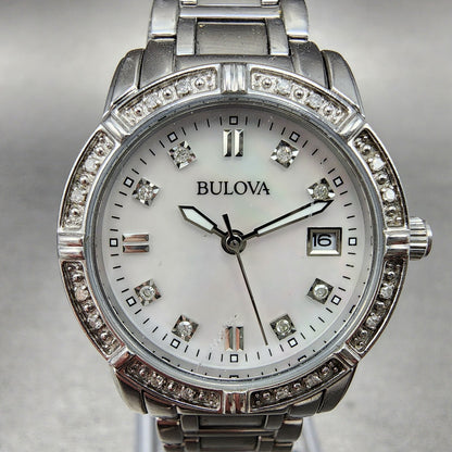 Bulova Watch Women 26mm MOP Dial Steel Diamond Bezel Date Round 96R105 NewBat1