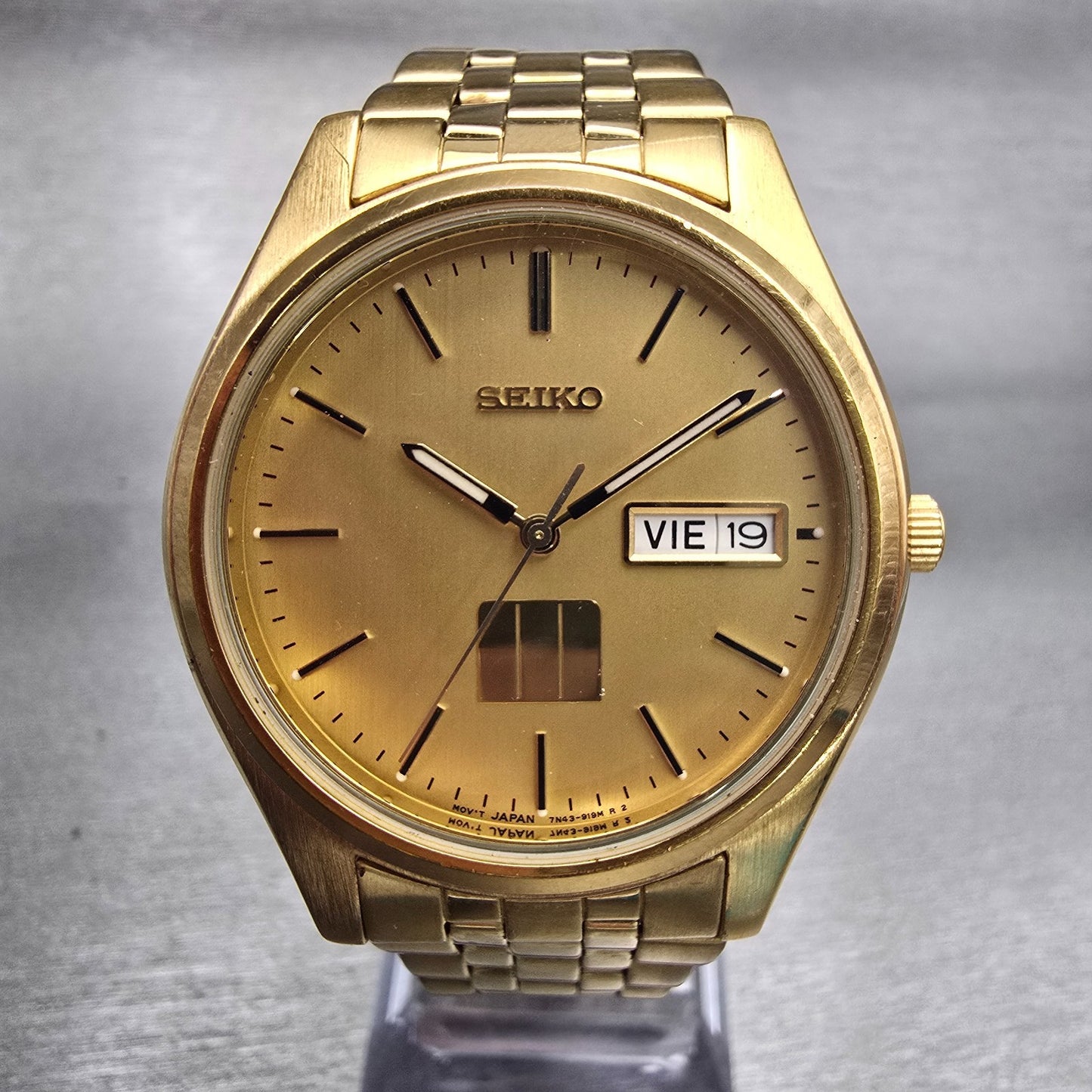 Seiko Watch Men 37mm Gold Dial Gold Tone Daydate Round 7N43-9048 New Battery VTG0