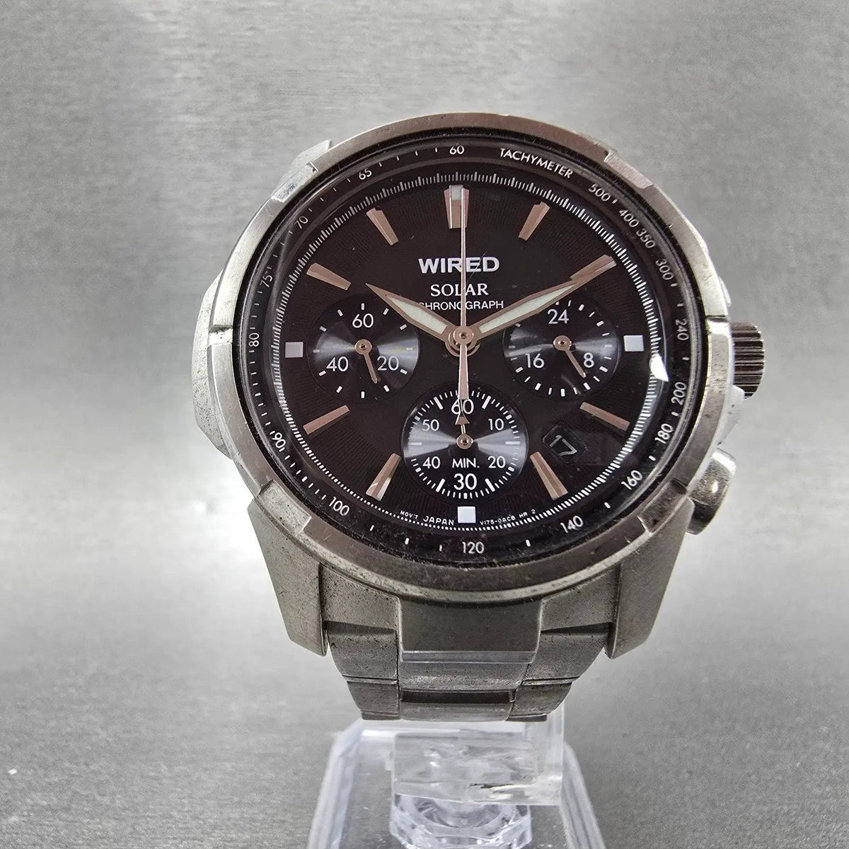 Alba Solar Chronograph Watch Men 42mm Black Dial Steel Date V175-0AB0 Works5
