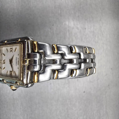 Seiko Watch Women 21mm White Dial Two Tone Rectangle 4N00-7049 New Battery VTG4