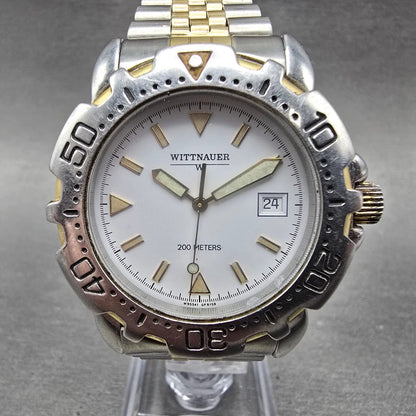 Wittnauer Dive Watch Men 38mm White Dial Two Tone Date Round New Battery VTG0