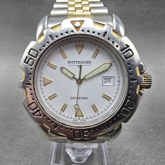 Wittnauer Dive Watch Men 38mm White Dial Two Tone Date Round New Battery VTG0
