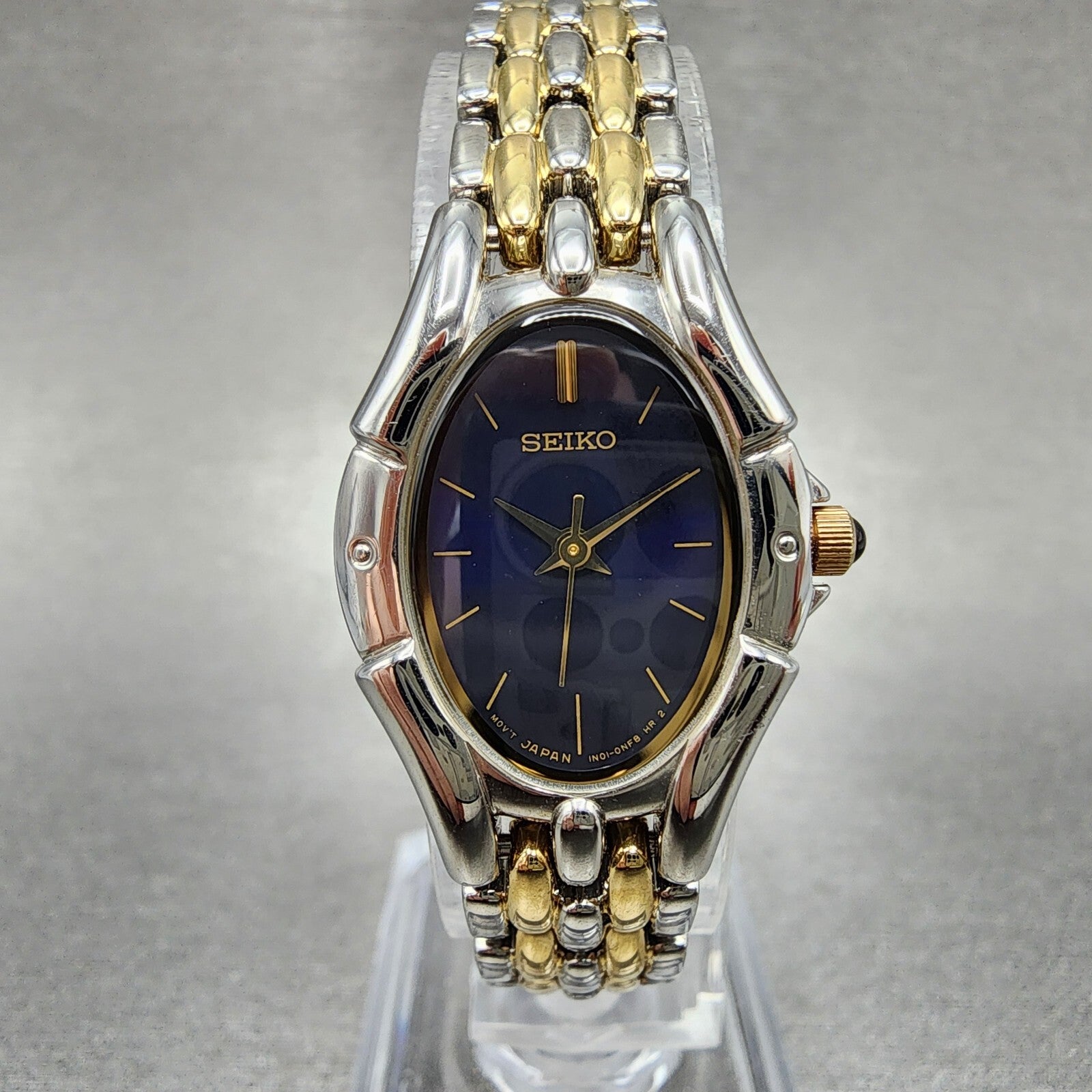 Seiko Watch Women 20mm Blue Dial Two Tone Oval 1N010GT0 New Battery0