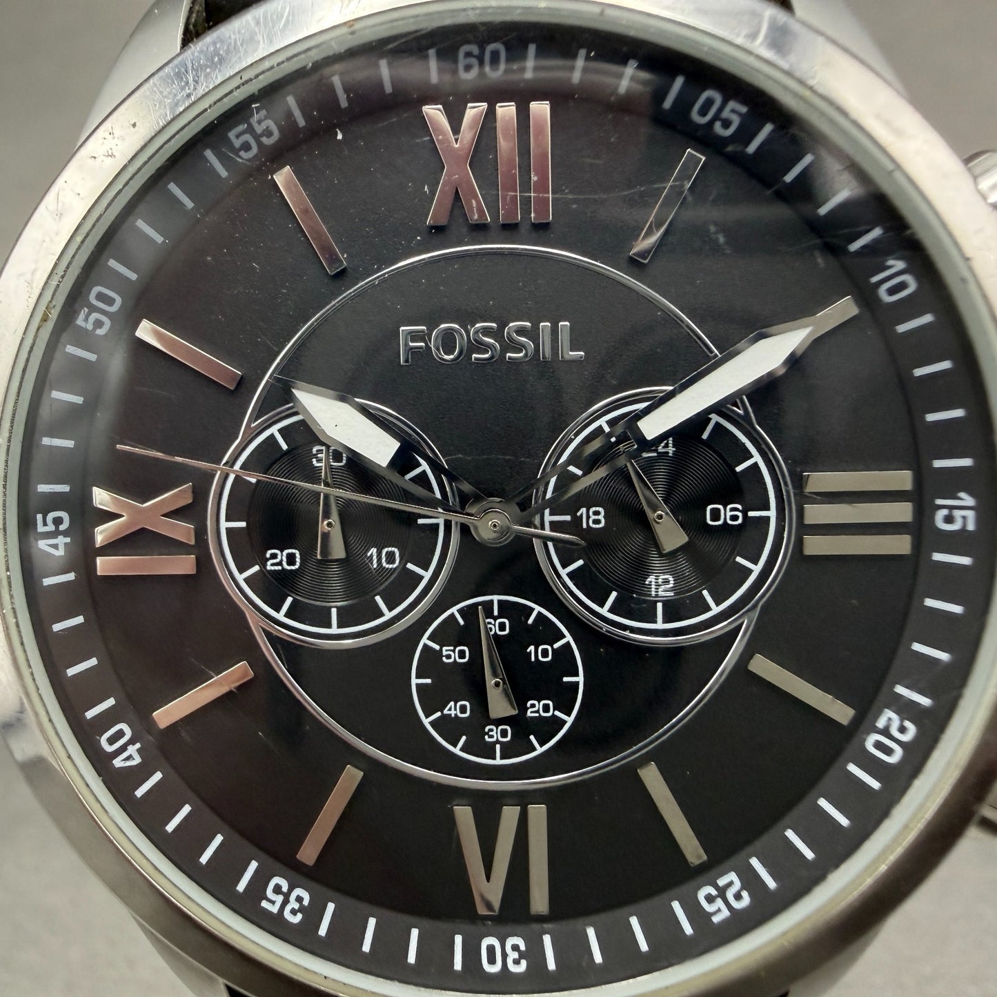 Fossil Flynn Chronograph Watch Men 48mm Black Dial Silver Tone BQ1130 NewBattery1