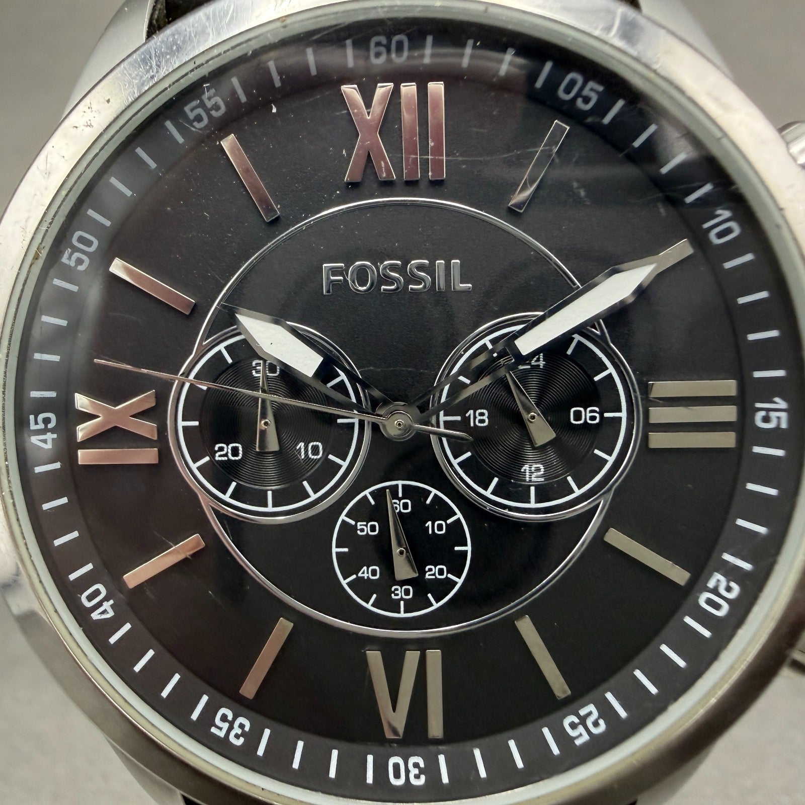 Fossil Flynn Chronograph Watch Men 48mm Black Dial Silver Tone BQ1130 NewBattery1