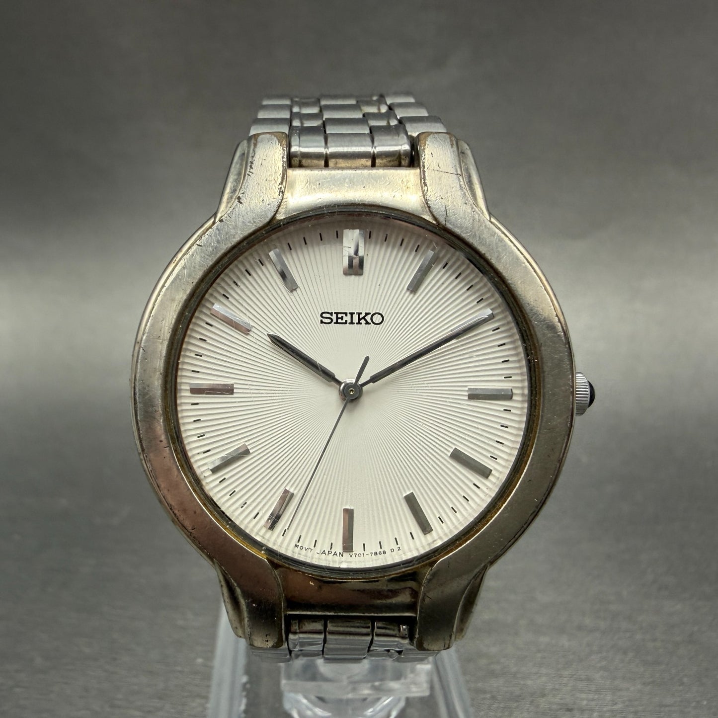 Seiko Watch Men 35mm White Dial Silver Tone Round V701-7A60 New Battery Vintage0