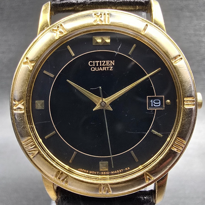 Citizen Watch Men 33mm Black Dial Gold Date Round 5510-S36963 New Battery VTG1