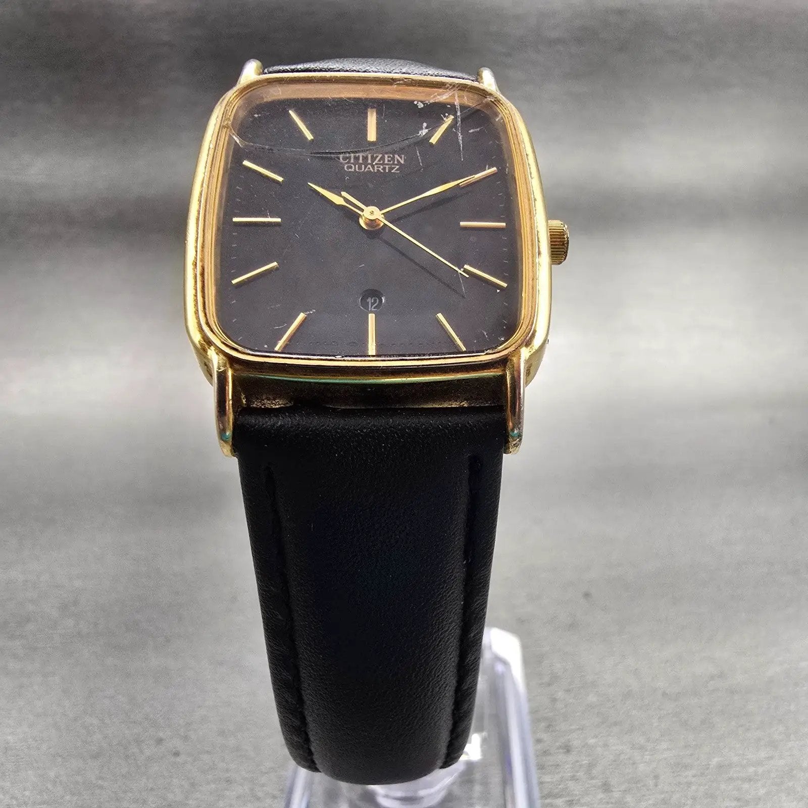 Citizen Watch Men 27mm Black Dial Gold Tone Date Rectangle 5010 New Battery5