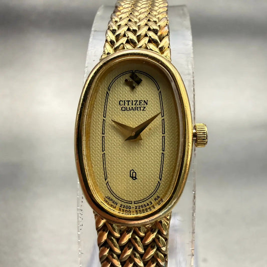 Citizen CQ Watch Women 13mm Champagne Dial Gold Tone Oval 2200-4-950461 New Batt0