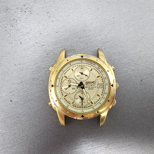 Seiko Chronograph Watch Men 39mm Champagne Dial Gold Tone Date 7t326m59 PARTS0