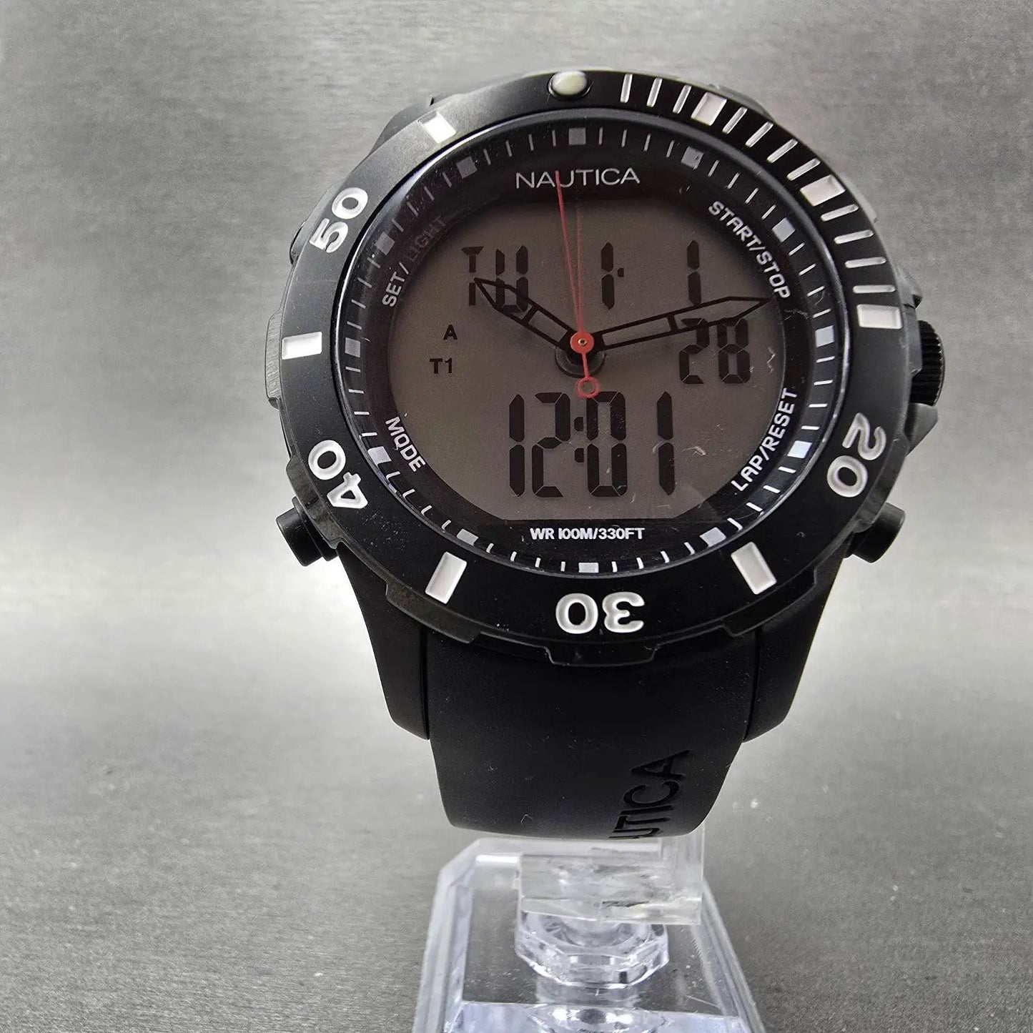 Nautica Dive Watch Men 44mm Black Analog Digital Alarm Chronograph New Battery5