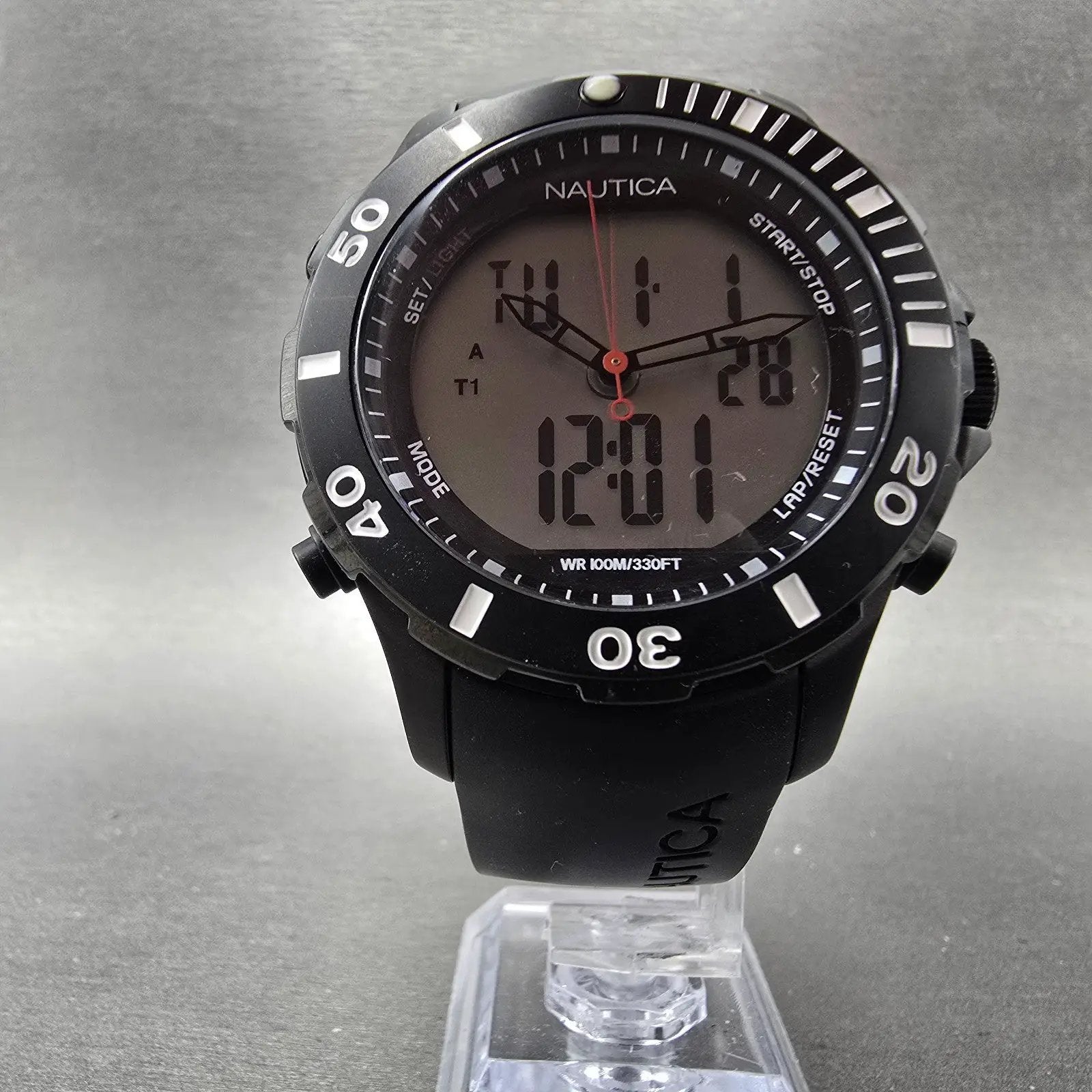 Nautica Dive Watch Men 44mm Black Analog Digital Alarm Chronograph New Battery5