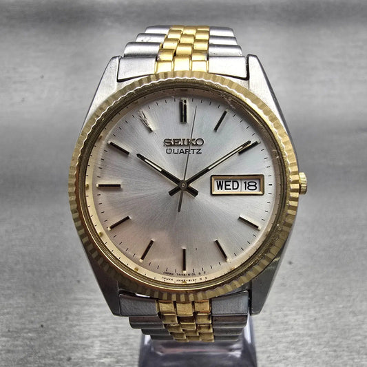 Seiko President Watch Men 35mm Silver Dial Two Tone Daydate 7N43-8119 New Batt0