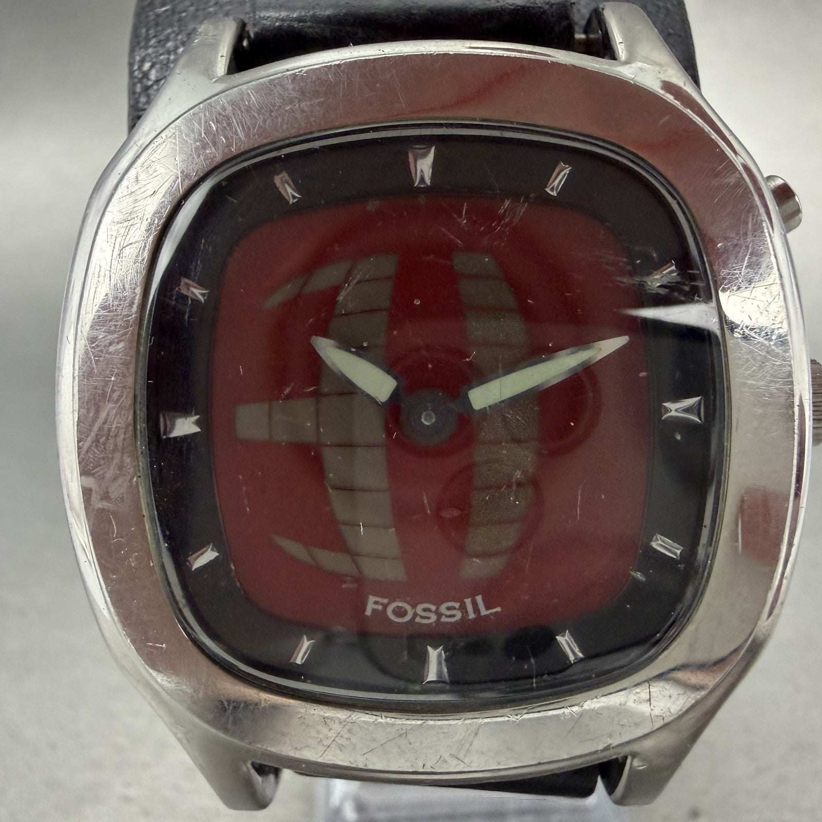 Fossil BigTic Watch Men 39mm Red Dial Silver Tone Square JR8292 New Battery ABC1
