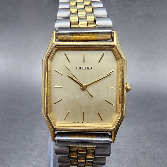 Seiko Tank Watch Men 25mm Champagne Dial Twotone Rectangle 5e315a00 New Battery0