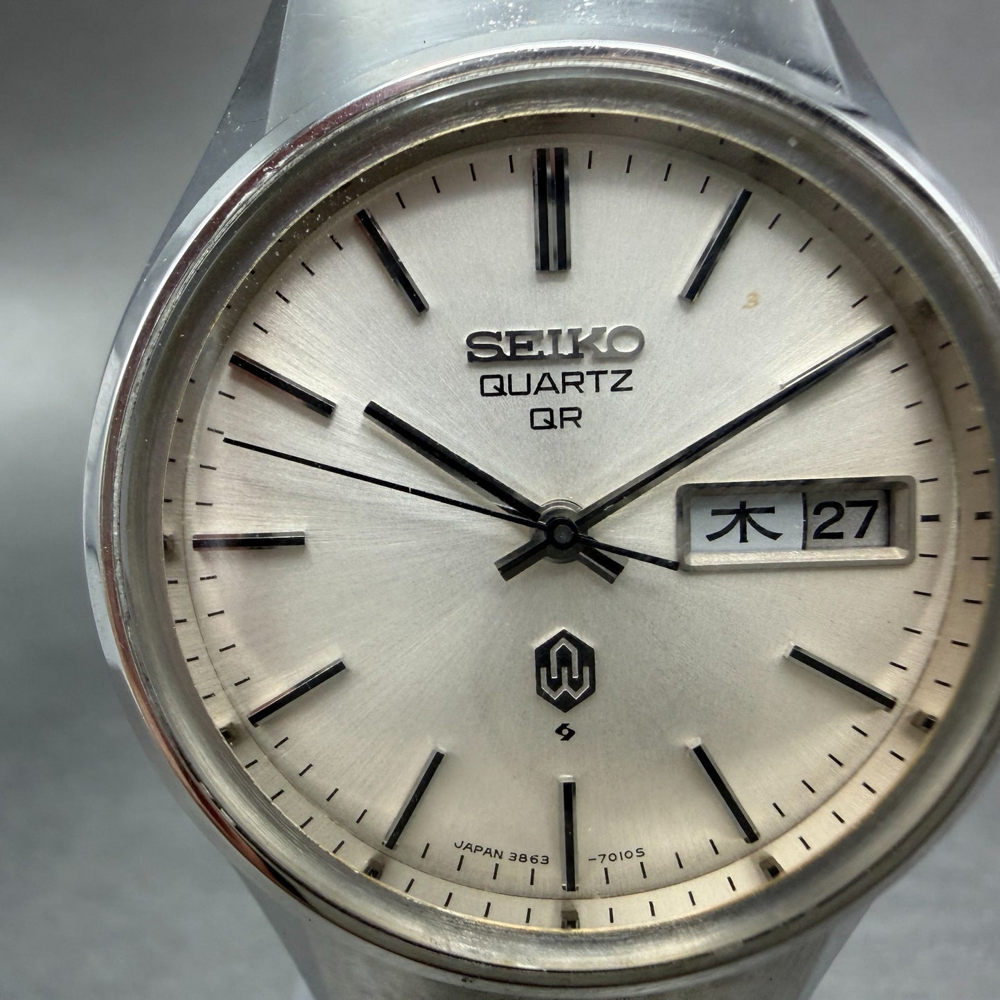 Seiko QR Watch Men 37mm Silver Dial Silver Tone Daydate 3863-7010 New Battery1
