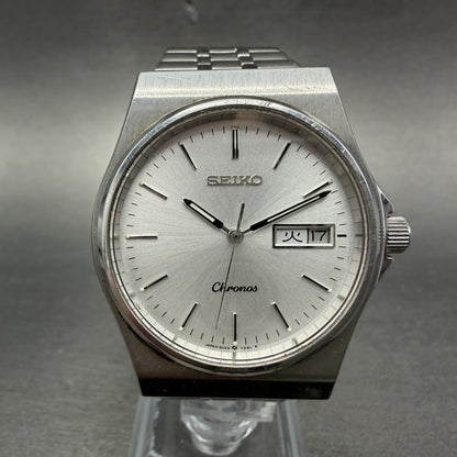 Seiko Chronos Watch Men 35mm Silver Dial Silver Tone Daydate 5h23-7d20 New Batte0