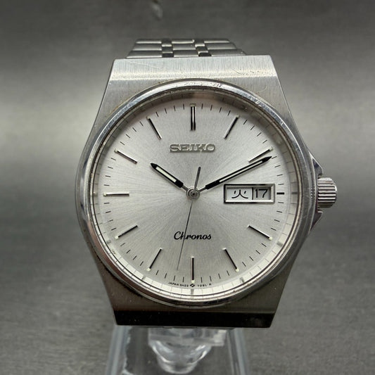 Seiko Chronos Watch Men 35mm Silver Dial Silver Tone Daydate 5h23-7d20 New Batte0