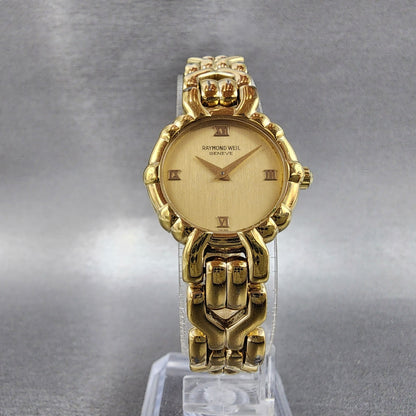 Raymond Weil Watch Women 24mm Gold Dial Gold Plated Round 3747 New Battery