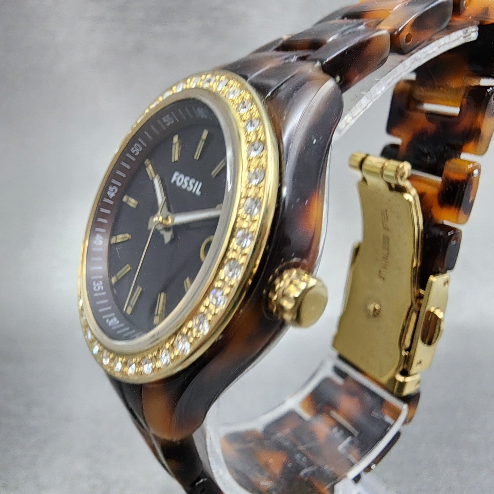 Fossil Stella Mini Watch Women 31mm Brown Dial Tortoise Resin Case Date New Batt2