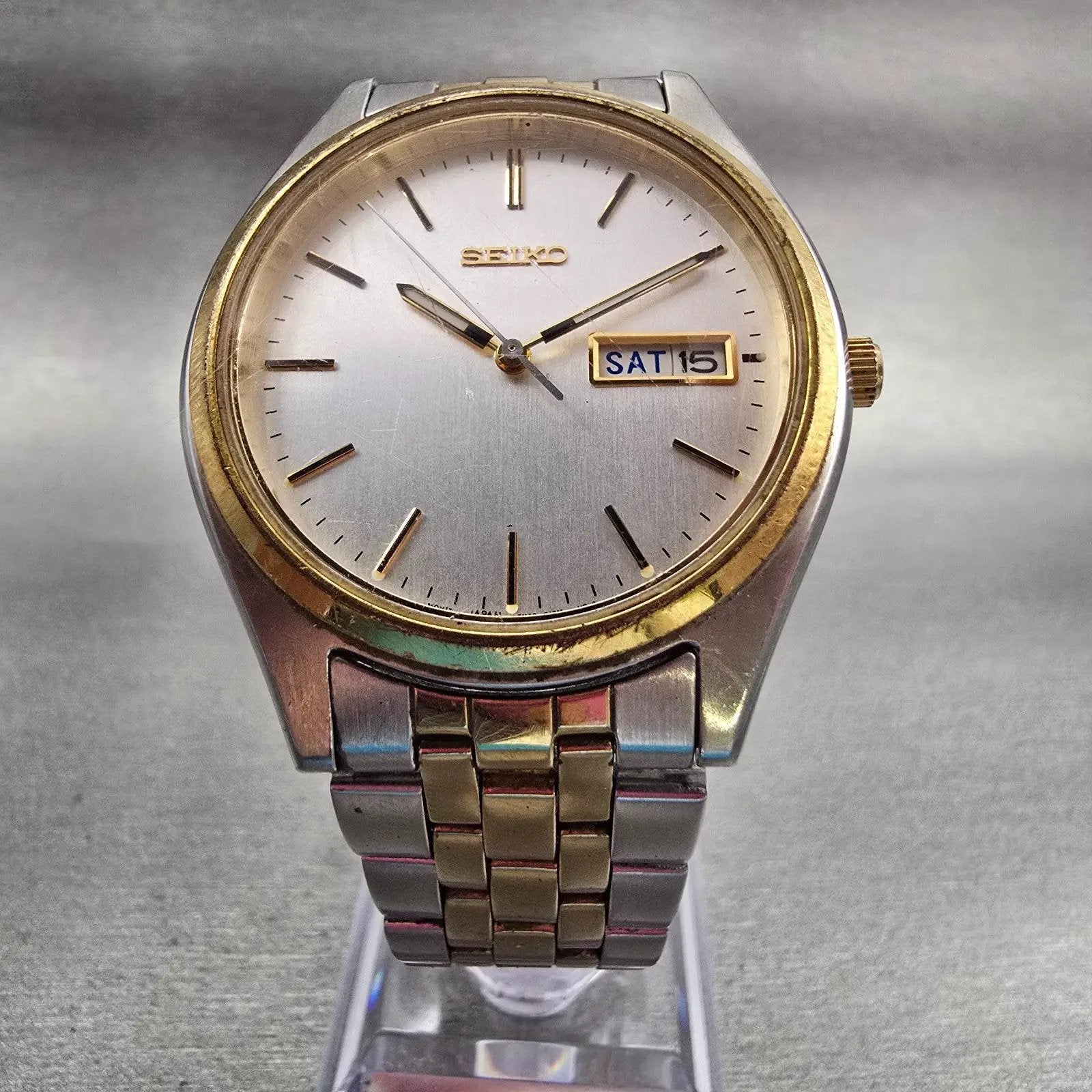 Seiko Watch Men 37mm Silver Dial Two Tone Daydate Round 7N43-9048 New Battery5