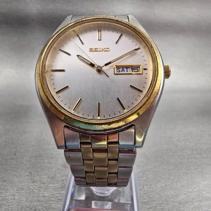 Seiko Watch Men 37mm Silver Dial Two Tone Daydate Round 7N43-9048 New Battery5