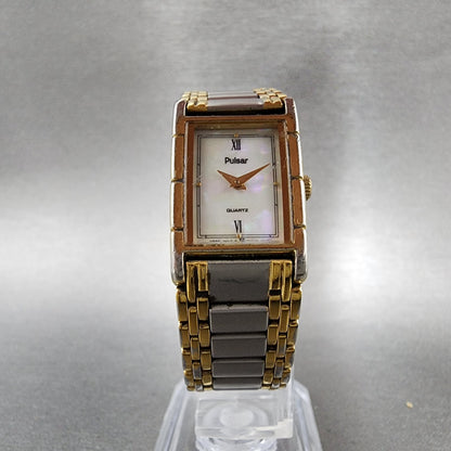 Pulsar Tank Watch Women 17mm MOP Dial Two Tone Rectangle V232-6050 New Battery